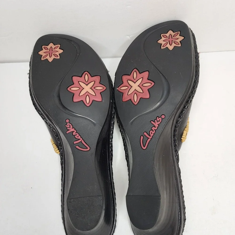 Clarks Artisan Womens‎ Sz 9 Black Leather Beaded Wedge Slide Sandals 2 Inch Heel